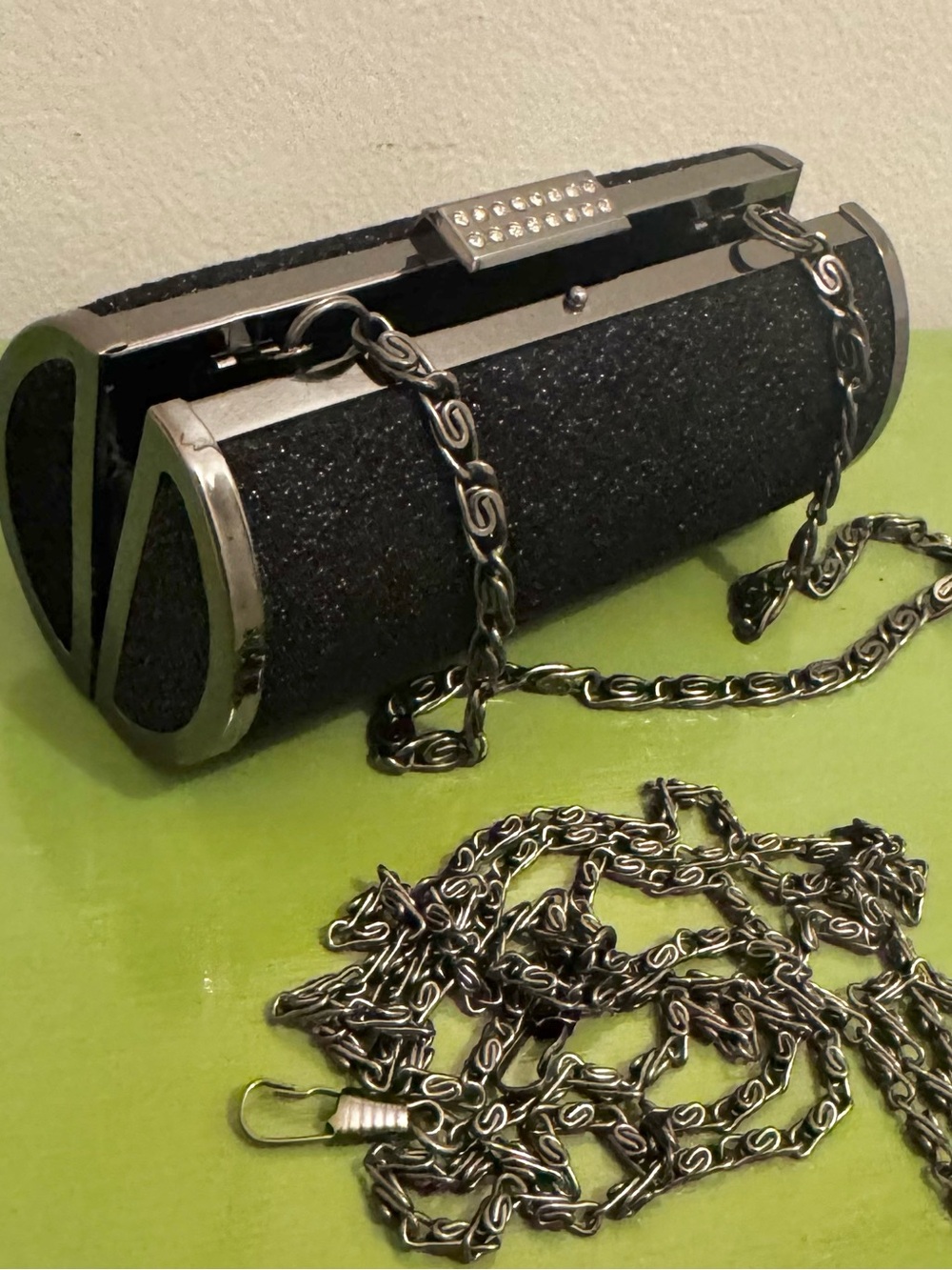 Jessica McClintock Black Glitter Evening Clutch with Gunmetal Chain